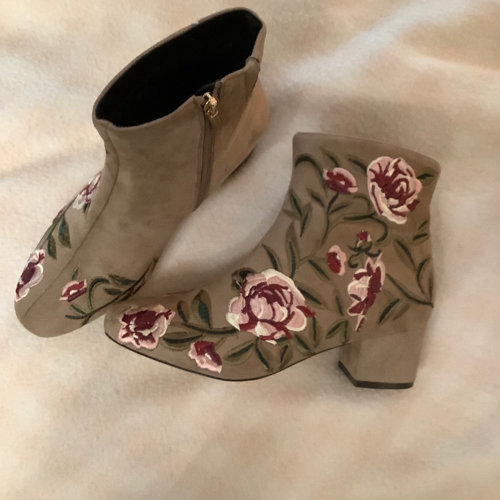 Suede Booties with embroidered floral detail